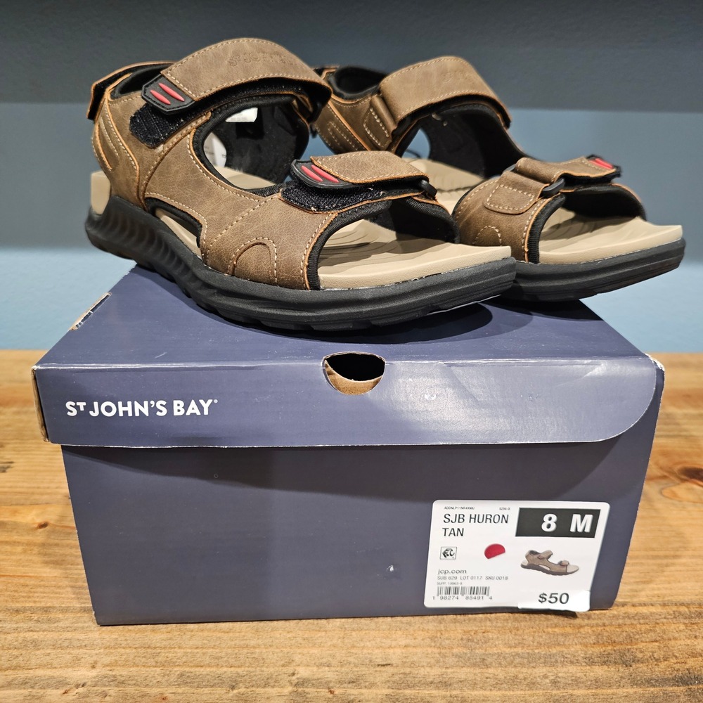 St. Johns Bay Mens Huron Sport Sandals Tan Brown Adjustable Straps 8M
